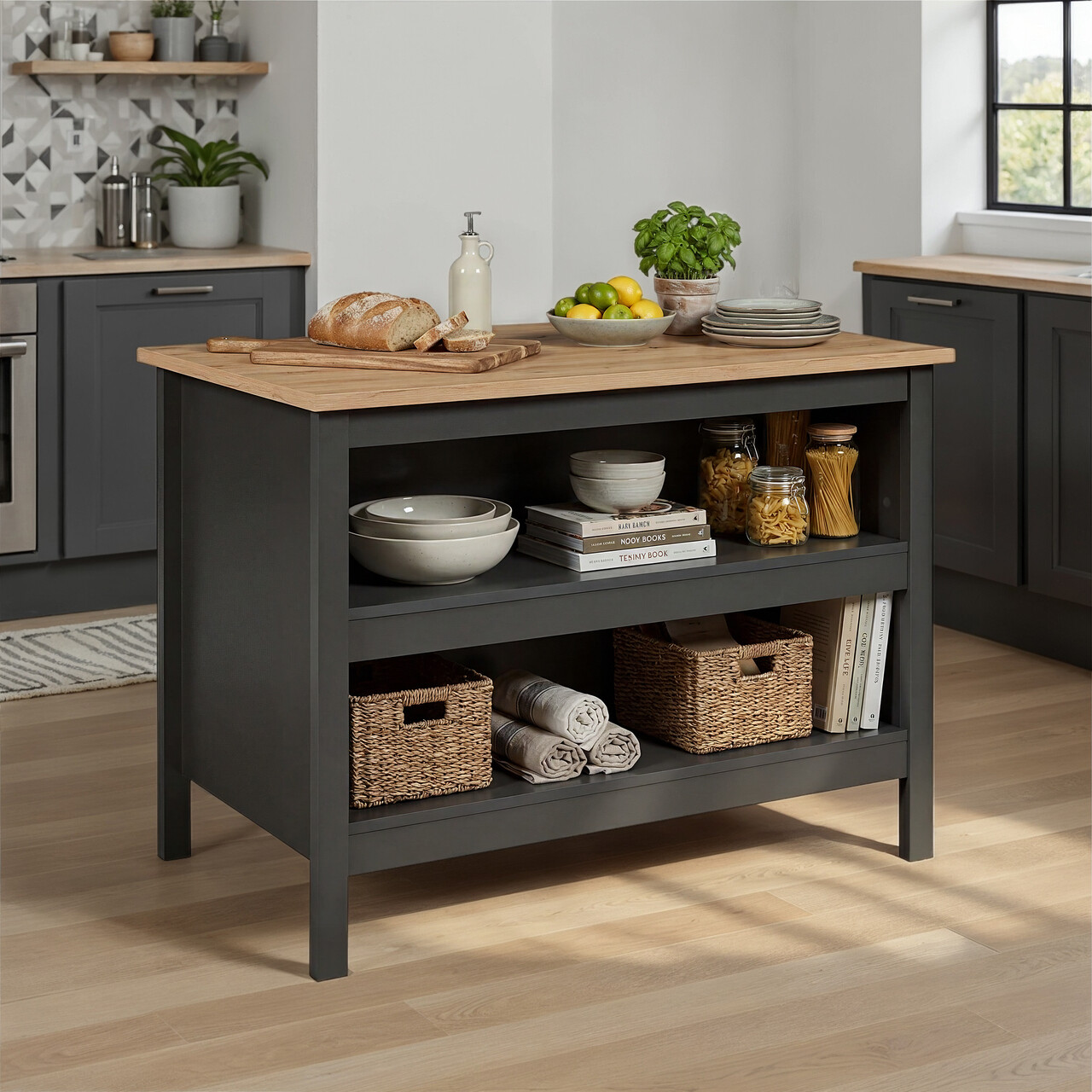 Insula de bucatarie / dulap bucatarie Nellina, Inter Link, 124x75x91.5 cm, MDF, gri/stejar - imagine 6